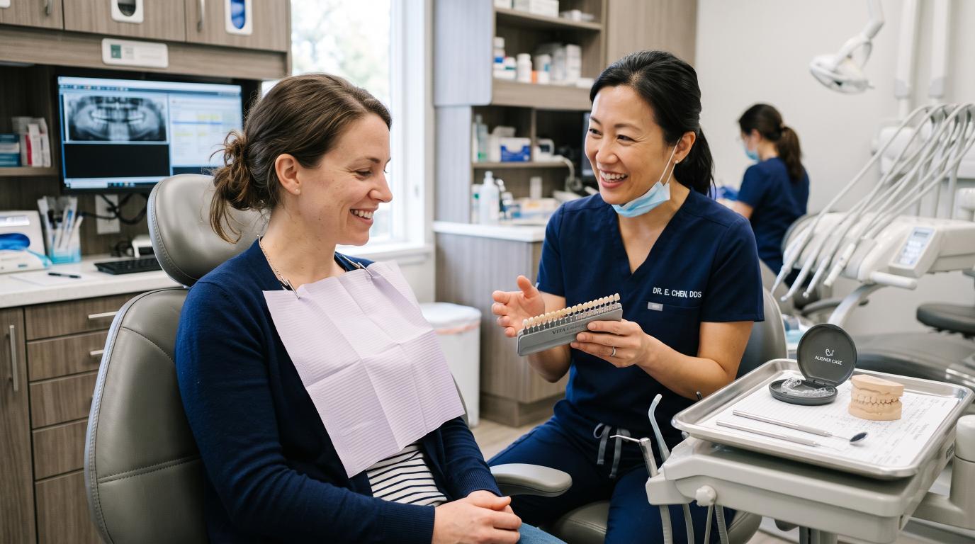Dentist discussing cosmetic dentistry options with a patient in a dental clinic