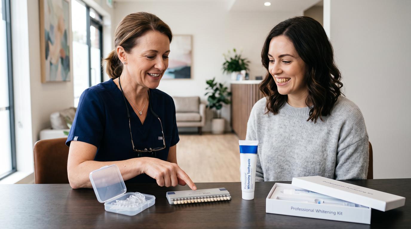 Dentist discussing professional teeth whitening alternatives with a patient.