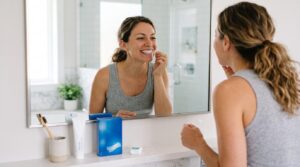 Woman safely applying teeth whitening strips at home in a bright modern bathroom.