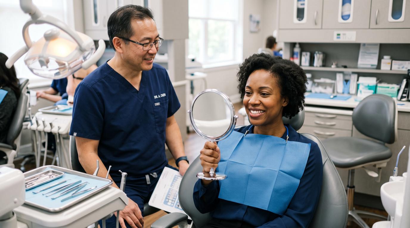 Patient looking at their smile in a mirror after a cosmetic dental visit
