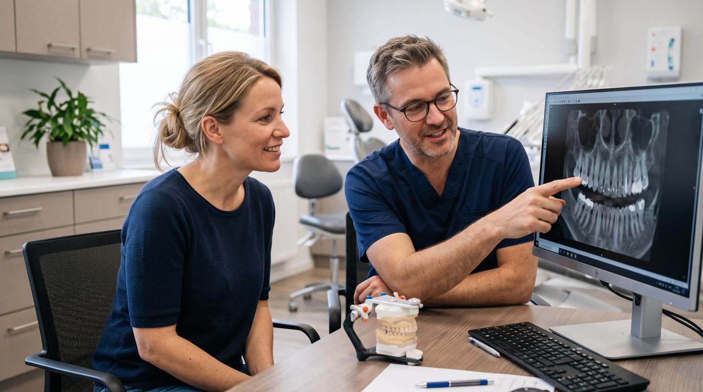 Dentist and patient reviewing a cosmetic dentistry treatment plan in a dental office