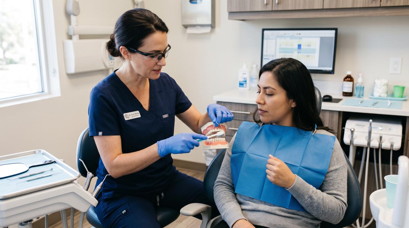 Dental professional showing a patient how to care for cosmetic dental work
