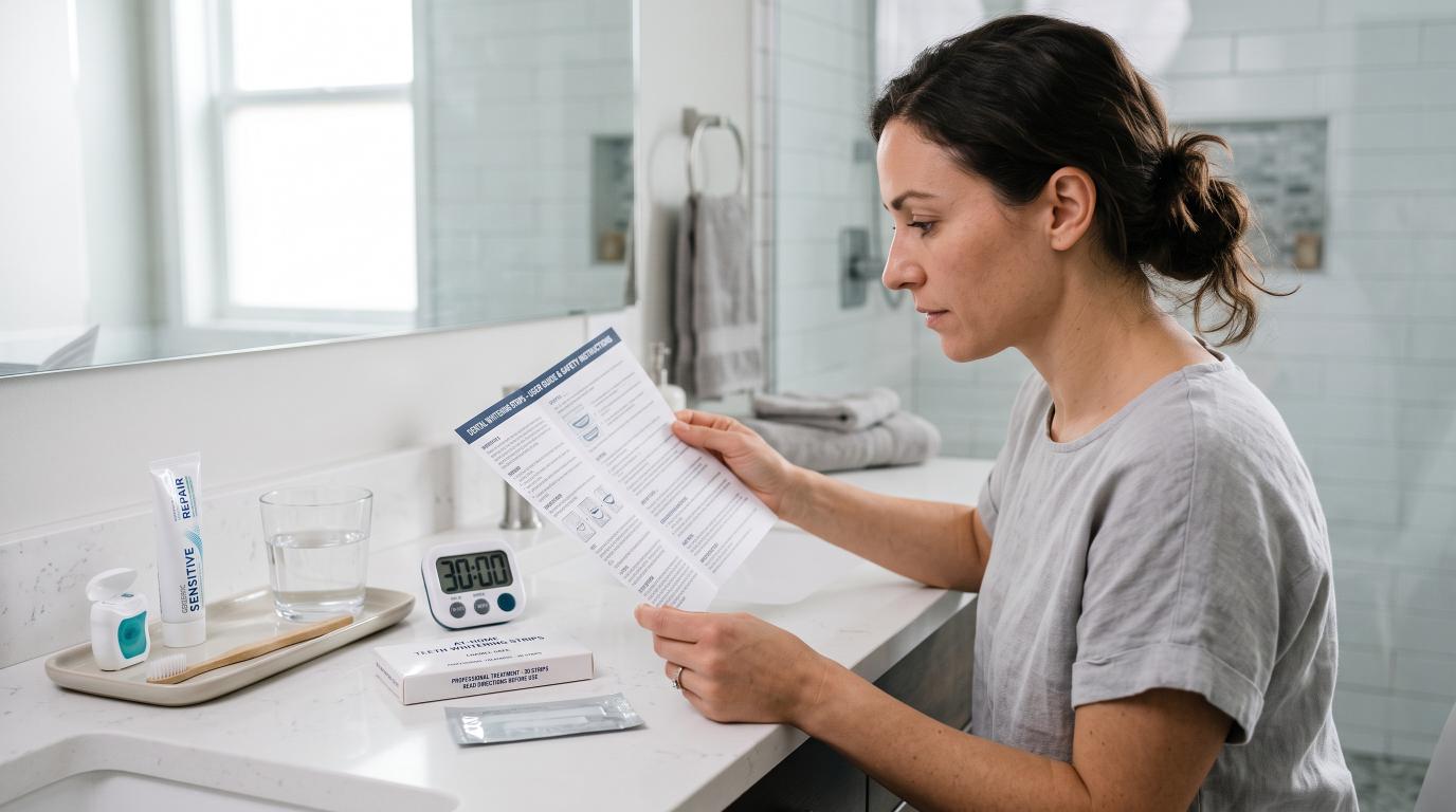 Person reading whitening strip instructions before starting treatment.