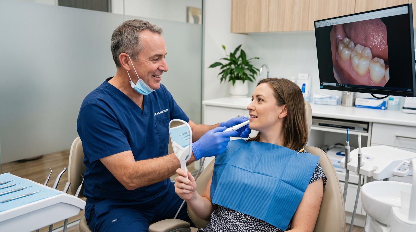 Dentist explaining possible tooth sensitivity after teeth whitening treatment.