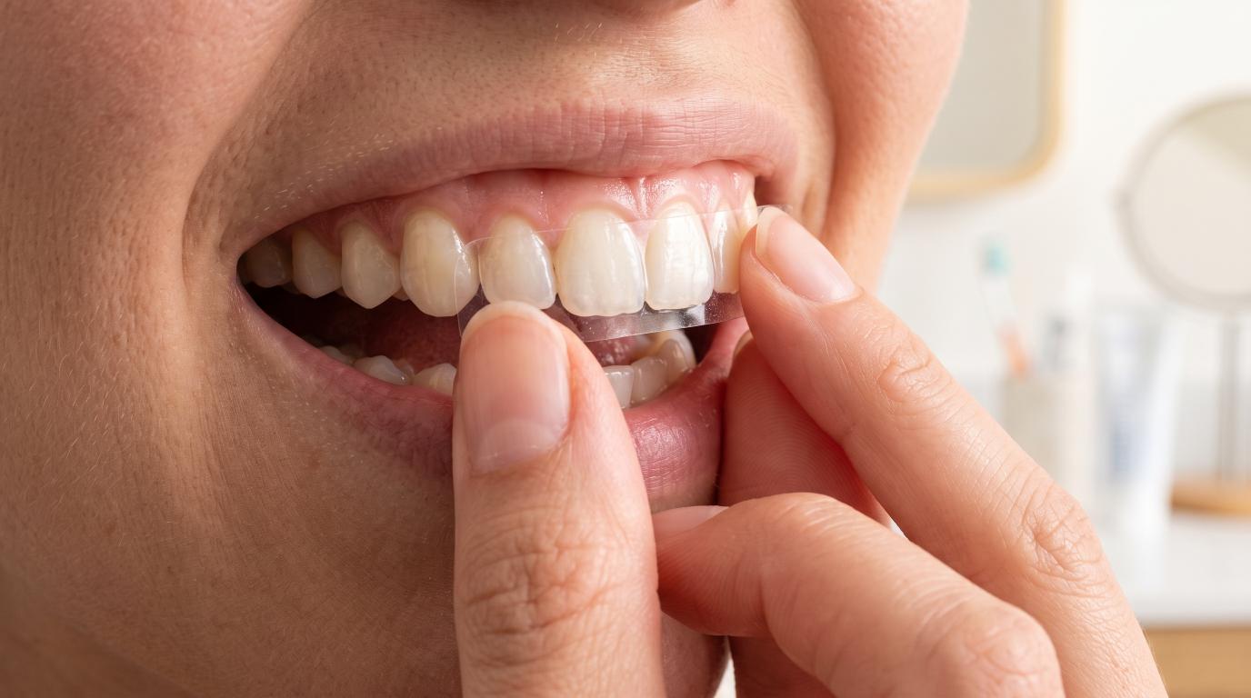 Close-up of correctly placing a teeth whitening strip on healthy front teeth.