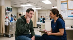Patient receiving emergency evaluation for severe dental symptoms in a hospital emergency room