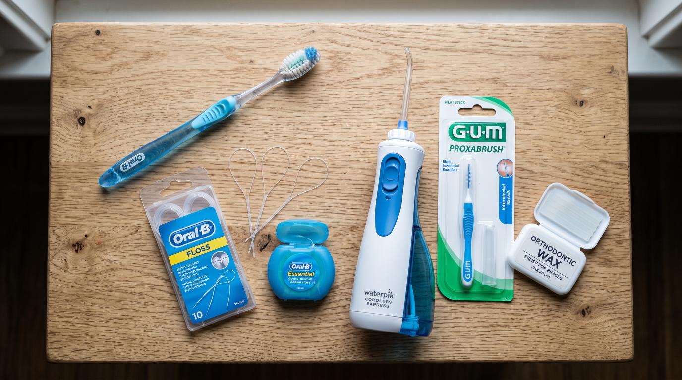 Dental braces cleaning tools including floss threader and interdental brush