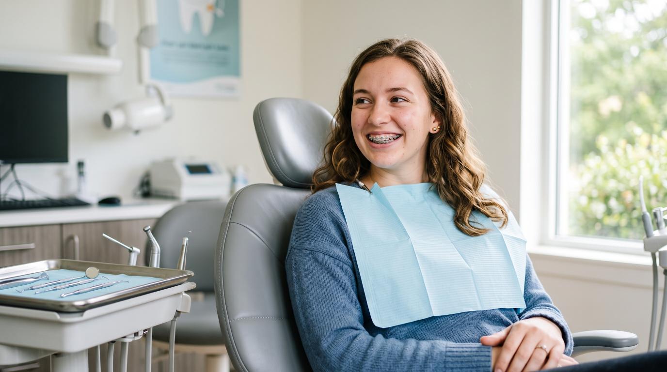 Adult patient brushing teeth carefully around dental braces