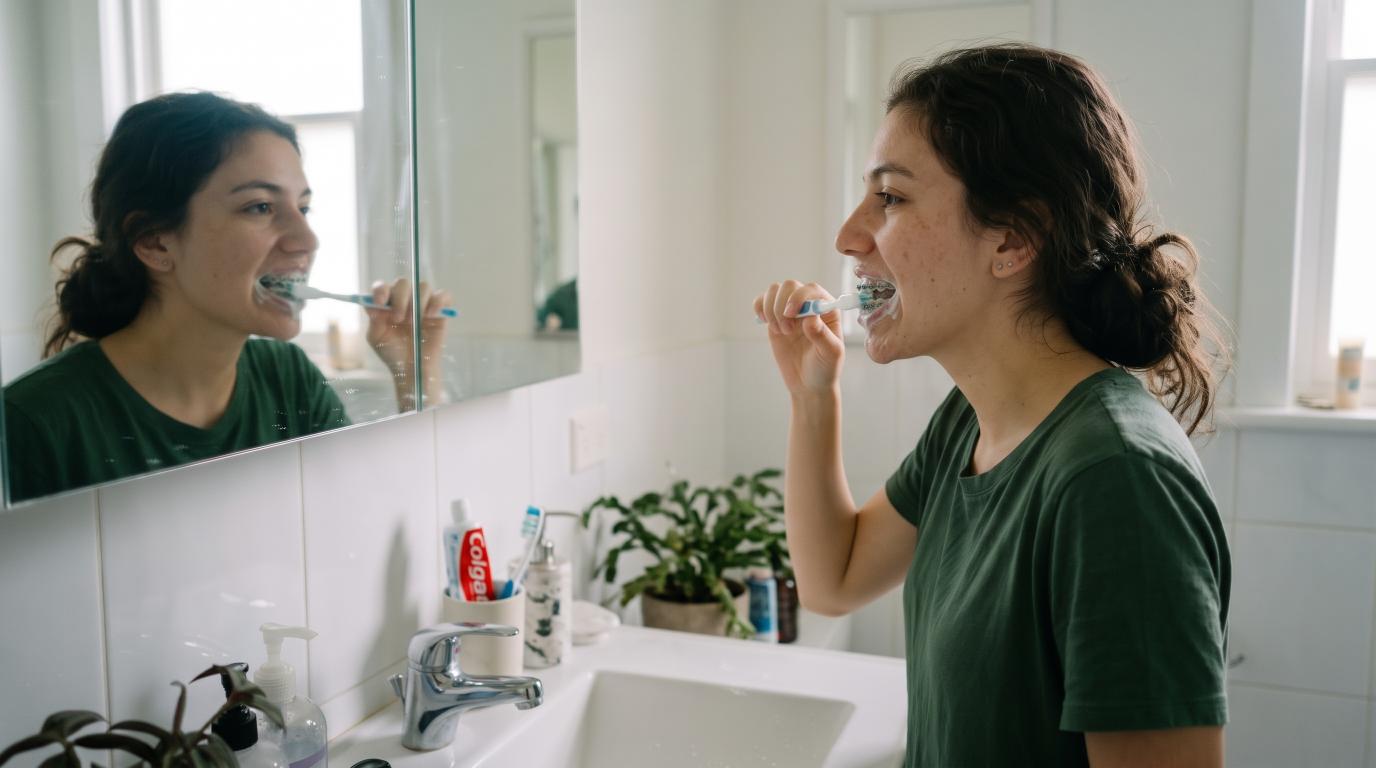 Brushing carefully around orthodontic brackets and wires