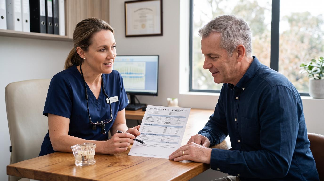 Dentist reviewing dental implant coverage with patient