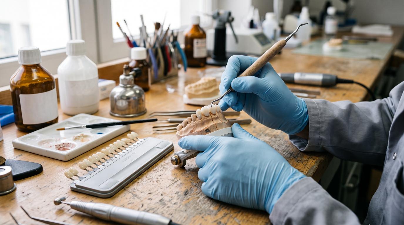 Dental technician creating a custom porcelain veneer