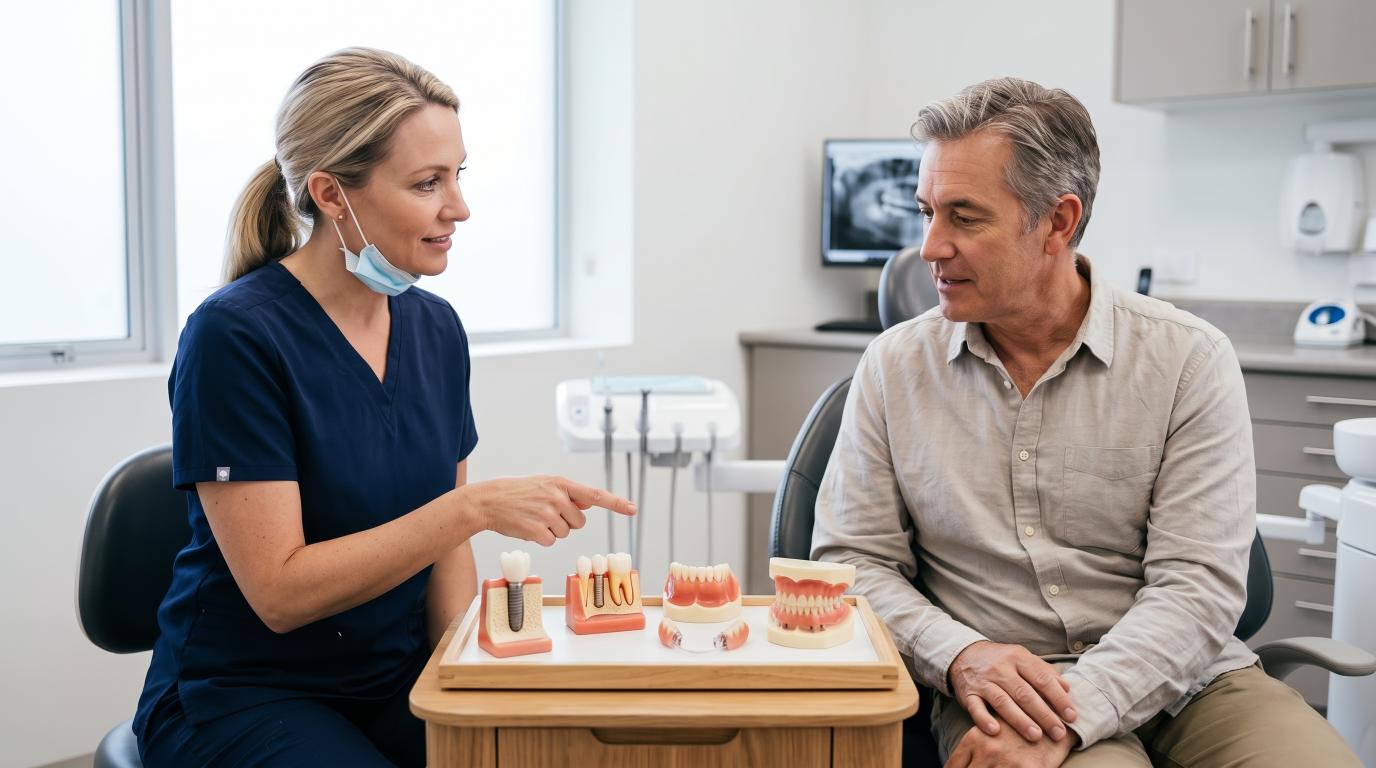Dentist discussing dental implant options with patient