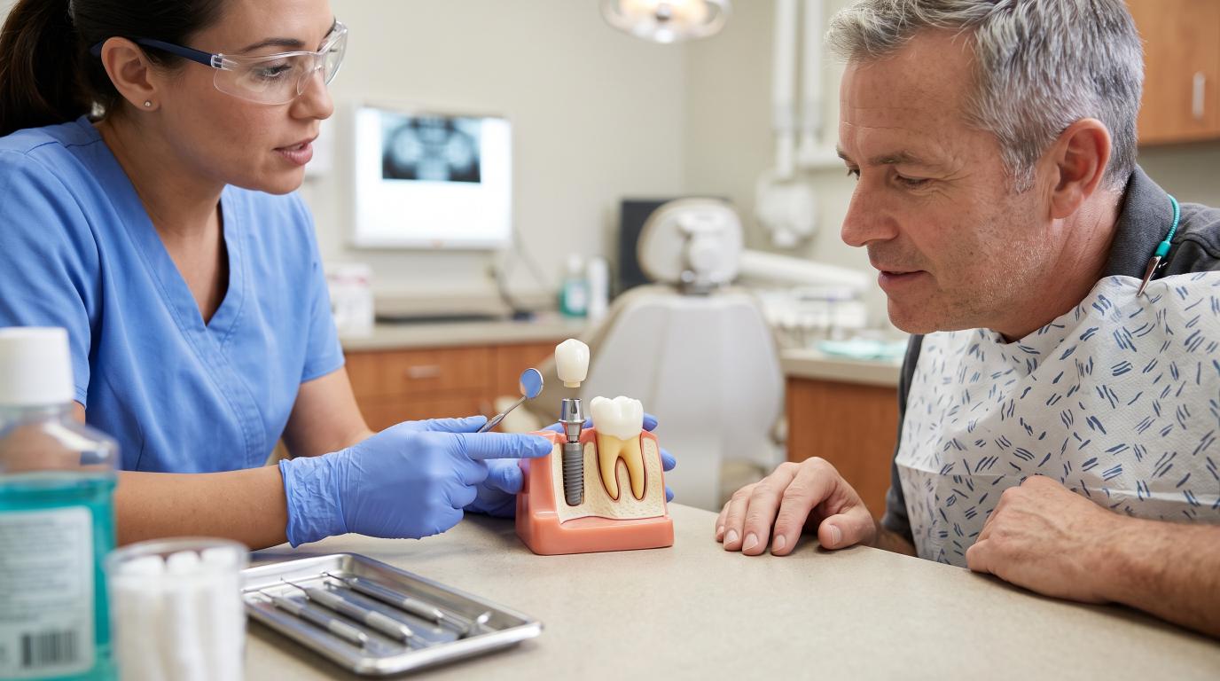 Dentist explaining a dental implant model to patient