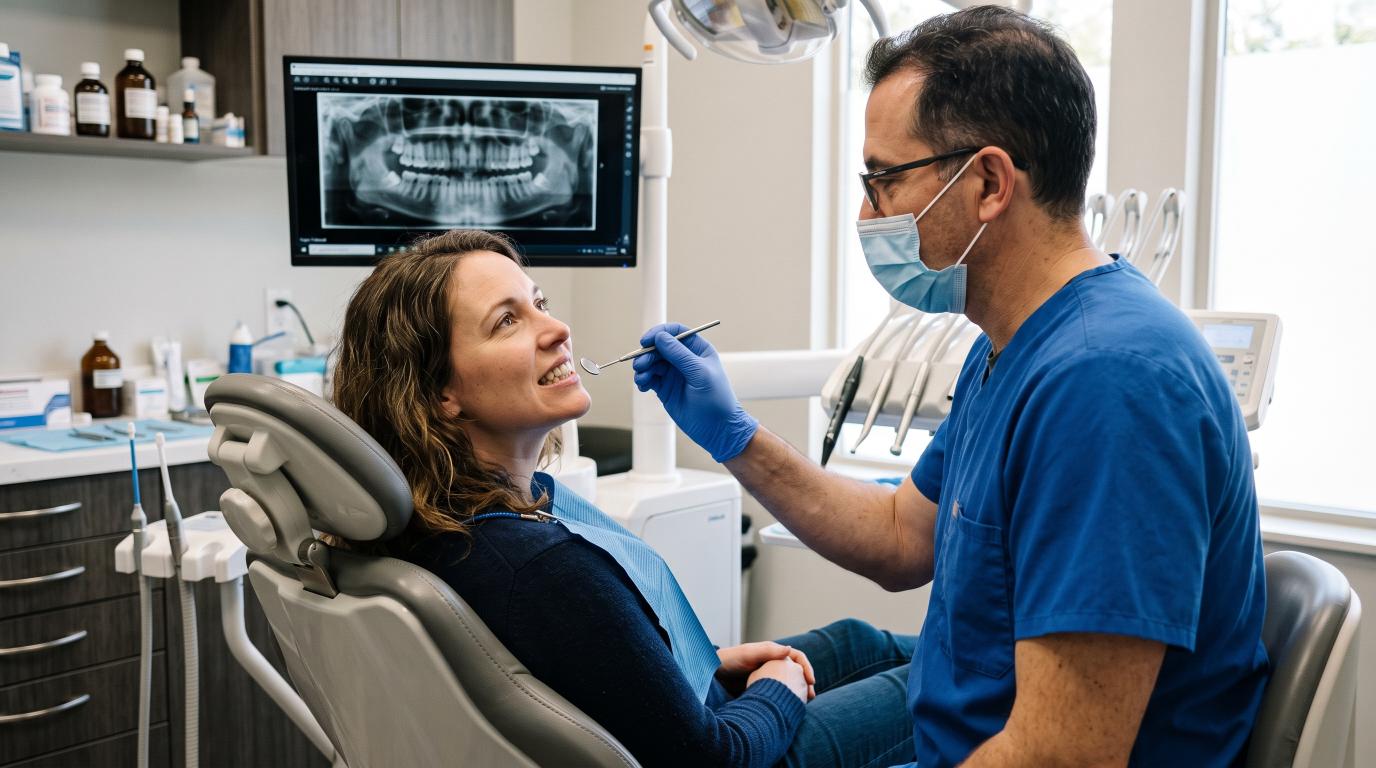 Dentist evaluating an individual smile before porcelain veneer treatment