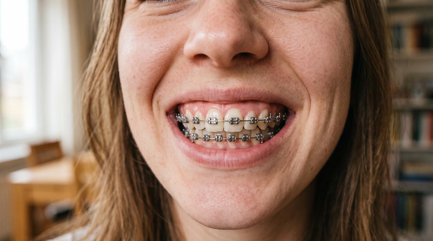 Patient applying orthodontic wax to an irritating braces bracket