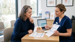 Dentist reviewing insurance estimate with patient.