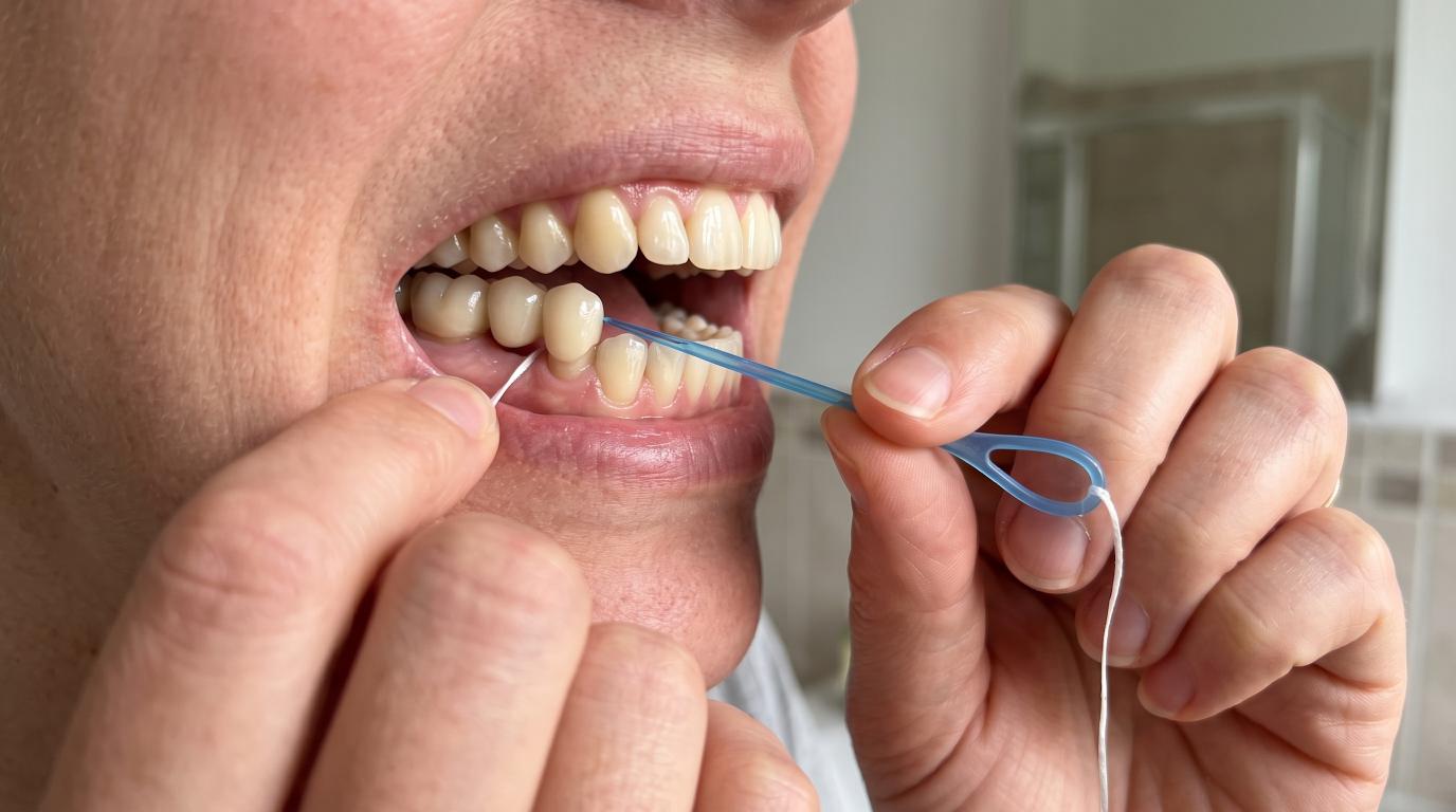 Adult using a floss threader to clean beneath a fixed dental bridge.