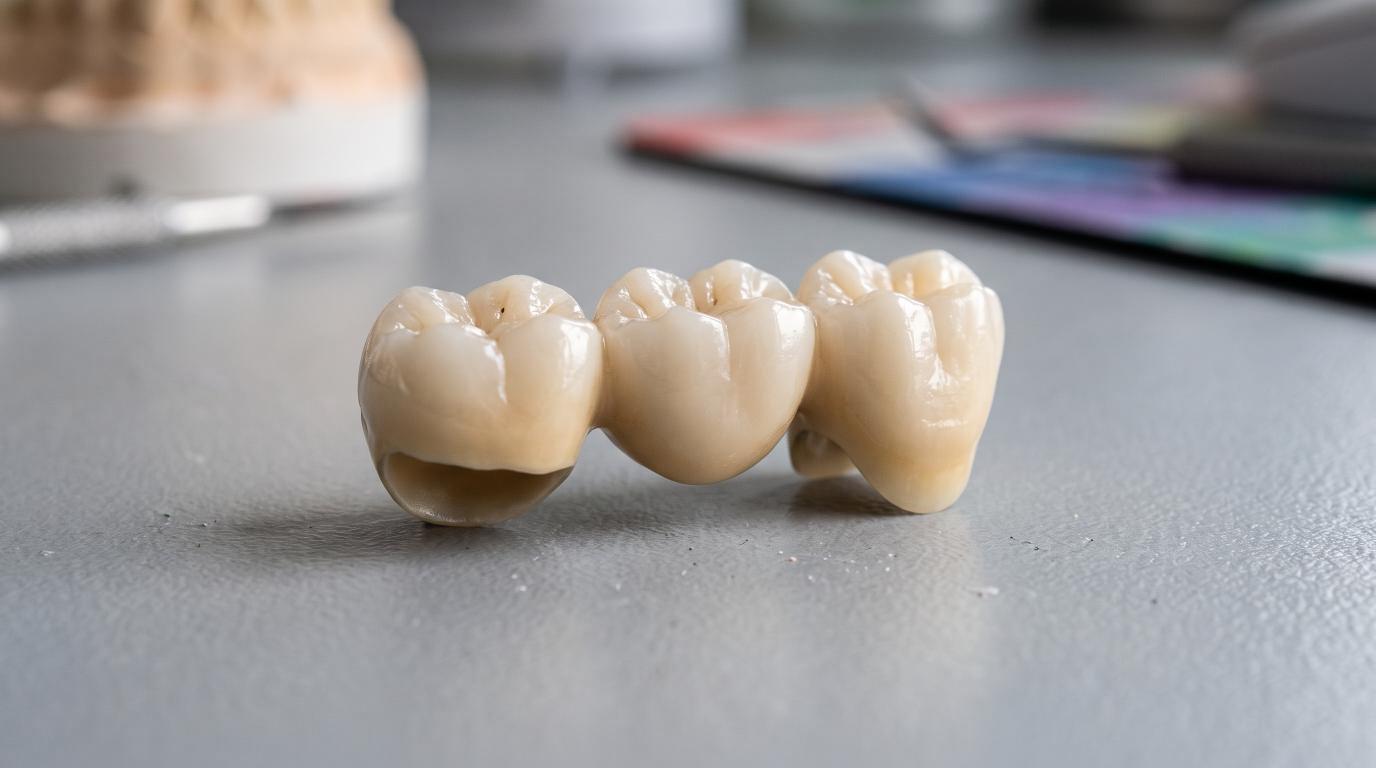 Traditional dental bridge with one artificial tooth connected to two supporting crowns