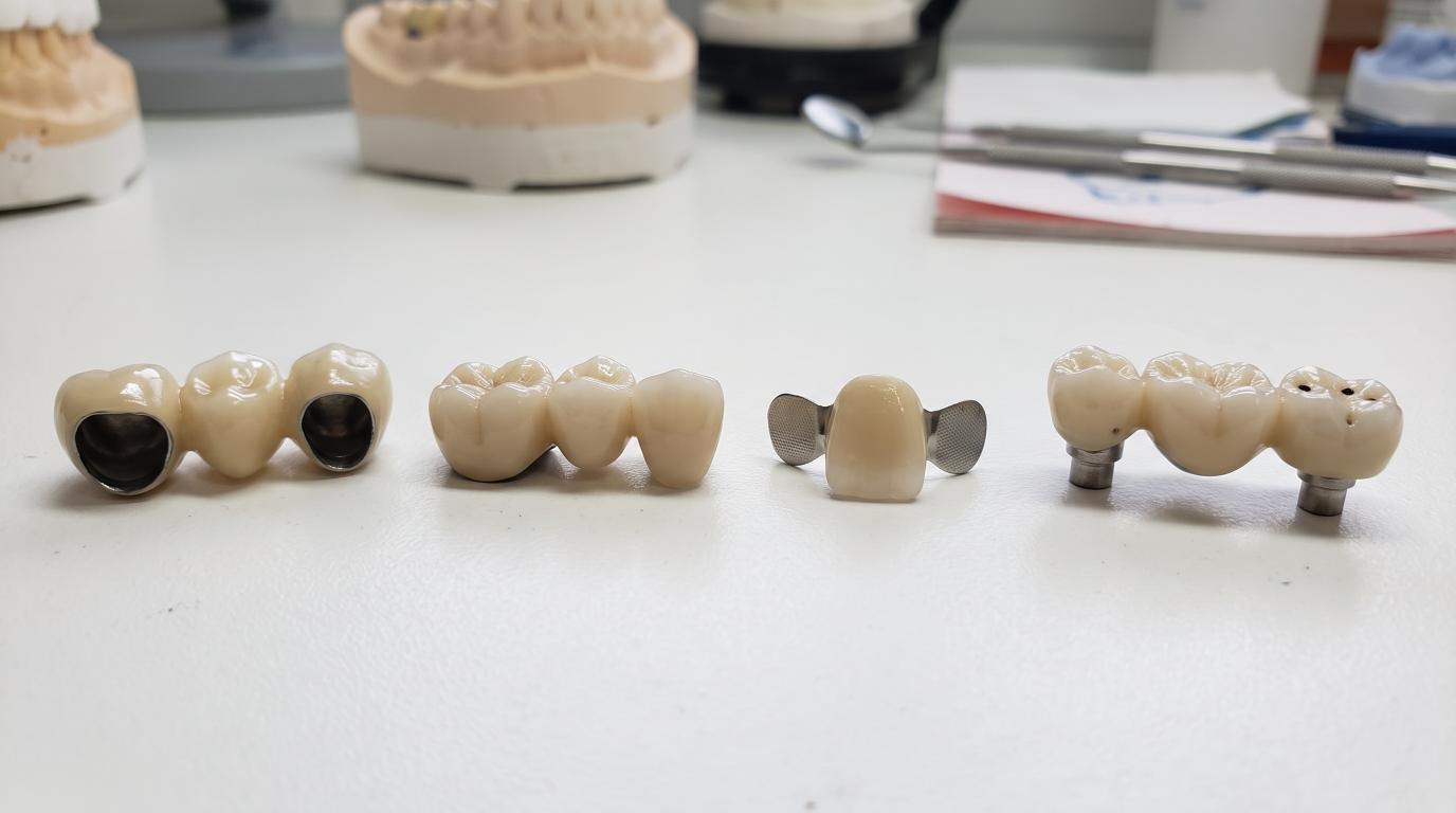 Four dental bridge designs showing traditional, cantilever, Maryland, and implant-supported bridges.