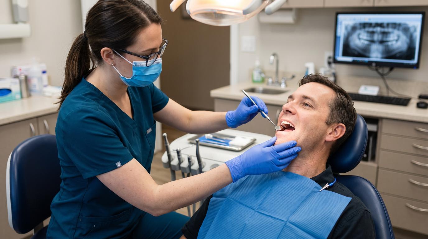Dentist examining a patient's teeth before planning dental bridge treatment