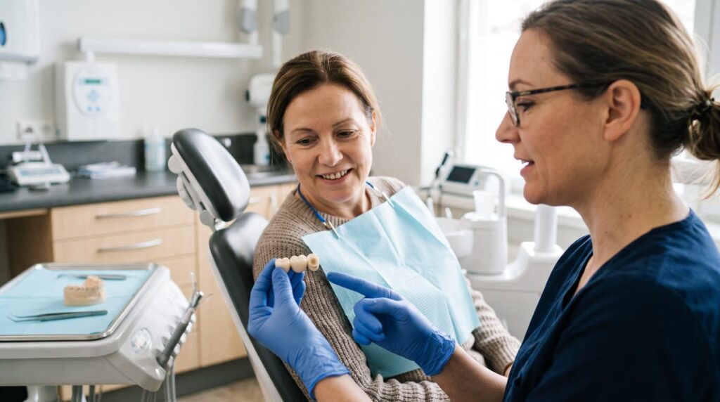 Dentist explaining a dental bridge model for replacing missing teeth