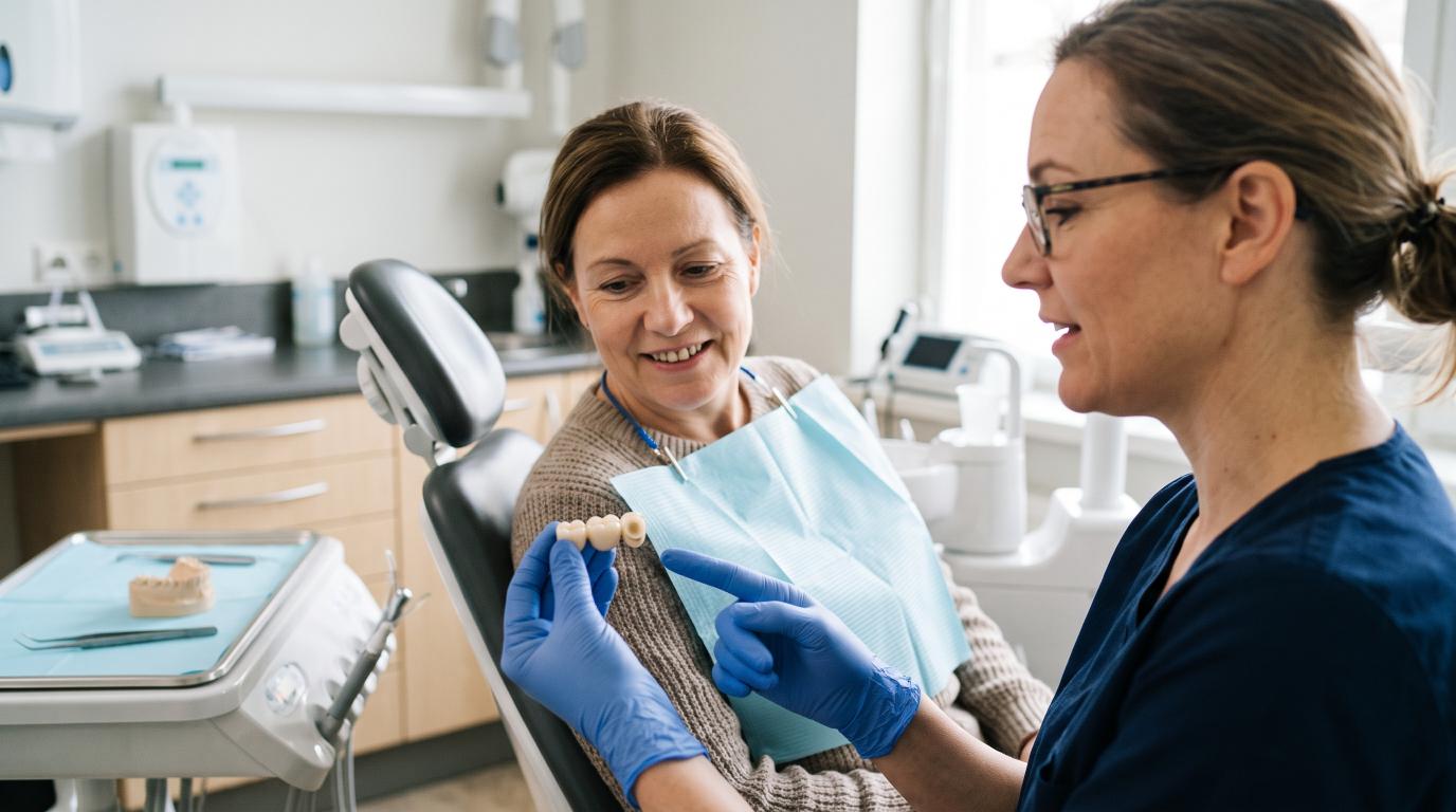 Dentist explaining a dental bridge model for replacing missing teeth